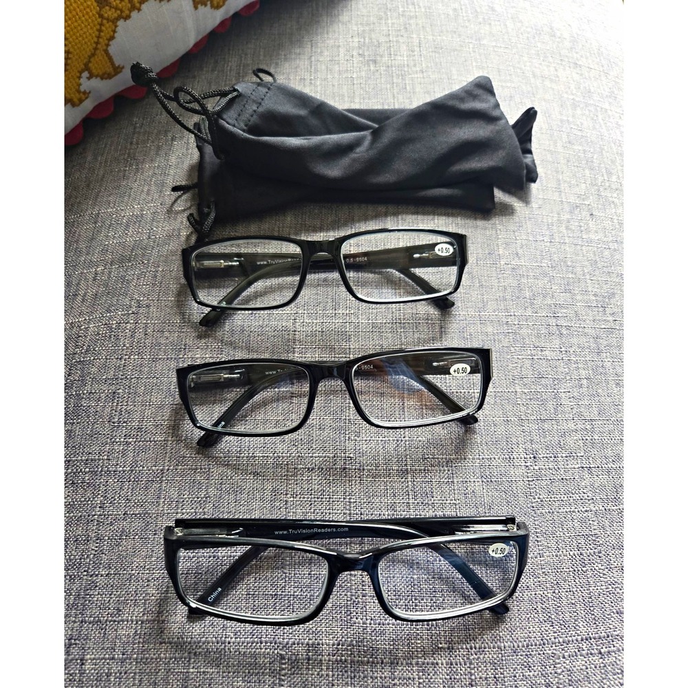 TruVision Readers Lot of 3 Black Full Rim Rectangular Frames +0.5